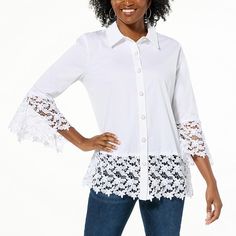 Colleen Lopez Button-Front Tunic with Lace Detail  Designed with a comfortable cotton stretch fabric, this button-front top gives your everyday look an elegant vibe with its pearl-like buttons and crochet lace detail. Summer Stretch Shirt With Buttons, Spring Stretch Tops With Buttons, Stretch Shirt With Button Closure For Spring, Stretch Cotton Button-up Blouse, Stretch Cotton Blouse With Button Closure, Stretch Cotton Blouse With Buttons, Feminine Spring Tops With Button Cuffs, Ireland Fashion, Button Front Top