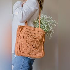 Handmade In Mexico Fully Lined Bohemian Brown Crochet Bag For Spring, Bohemian Brown Spring Crochet Bag, Casual Crochet Bag With Granny Square For Vacation, Casual Orange Crochet Bag For Vacation, Brown Cotton Crochet Top For Vacation, Casual Crochet Granny Square Bag For Vacation, Casual Granny Square Crochet Bag For Vacation, Bohemian Crochet Bag For Spring, Casual Crochet Bag With Granny Square For Summer