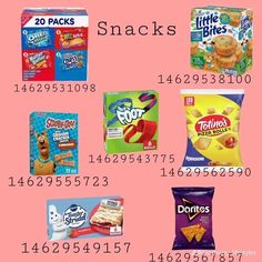 some snacks that are on top of a pink background with the numbers in front of them