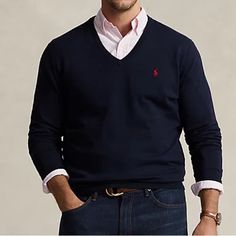 Nwt Price Includes Shipping This V-Neck Sweater Is Finely Knit From Soft Cotton And Finished With Our Signature Embroidered Pony. V-Neck. Long Sleeves With Rib-Knit Cuffs. Rib-Knit Hem. Signature Embroidered Pony At The Left Chest. 100% Cotton. Machine Washable. Ralph Lauren Half Zip, Men's V Neck Sweaters, Sweater Ralph Lauren, Ralph Lauren 90s, Mens Pullover Sweater, Plaid And Leather, Sweater Vest Mens, Argyle Sweater Vest, Ralph Lauren Pullover