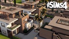 an aerial view of some houses and palm trees with the words sims4 above them