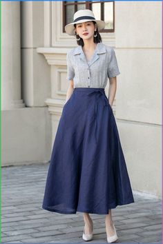 Summer Linen Maxi Skirt For Work, Elegant Linen Wrap Skirt, Elegant Long Linen Wrap Skirt, Linen Flowy Dress With Lined Skirt, Flowy Linen Dress With Lined Skirt, Elegant Blue Wrap Skirt For Summer, Elegant Blue Summer Wrap Skirt, Blue Linen Flowy Skirt, Elegant Linen Gathered Skirt