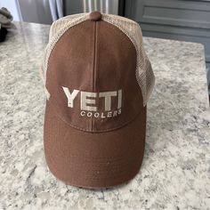 Nwot- Yeti Cooler Truck Driver Cap-Hat With Adjustable Strap - Brown With Beige Brown Spring Baseball Cap For Outdoor, Brown Baseball Cap For Spring Outdoor, Brown Winter Trucker Hat, Casual Brown Trucker Hat With Flat Brim, Yeti Hat, Yeti Accessories, Yeti Cooler, Mesh Hat, Strapback Hats