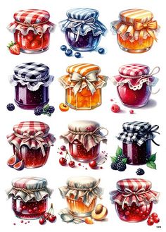 an illustration of jams and berries in jars with ribbons, bows and bowknots