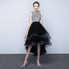 A Line High Low Black Prom Dress Cocktail Dress Wholesale.Wholesale to all customers even you buy only one dress you will get wholesale price. The more you buy the better price you will get. 100% safe payment. White Tea Length Dress, Gaun Koktail, Grad Dresses Short, Grad Dresses Long, Prom Dress Black, Black Homecoming Dress, High Low Prom Dresses, Sequin Prom Dress, Black Prom Dress