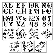 the alphabet and numbers are drawn in black ink on white paper, each with different designs