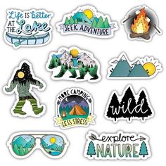 various stickers with different types of camping related items