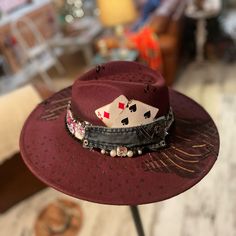 Wicked Gypsy Adjustable, Custom, One Of A Kind, Burned Cowboy Hat. Custom Felt Hats, Decorated Hats, Queen Of Hearts Card, Hat Ideas, Felt Hat, Queen Of Hearts, Witch Hat, Custom Hats, Cowboy Hats