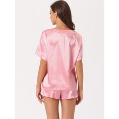 A casual round neck shirt and shorts 2 piece sleepwear set is easy to put on or take off, giving you a light and simple sleepwear experience and keeping you cozy and comfortable all day. Made of soft smooth satin fabric, this basic classic round neck shirt and elastic shorts, offer soft, lightweight, breathable, and comfortable to you. This lounge set features elastic waist shorts, curved hem, and silky satin, adding a feminine feel and keeping all-night wear comfortable. It would be a good choi Elastic Shorts, Round Neck Shirt, Satin Pyjama Set, Sleepwear Sets, Satin Pajamas, Short Sleeve Pullover, Elastic Waist Shorts, Round Neck Tops, Womens Clothing Sizes