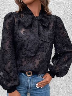 🚚FREE Shipping on orders over $100 ✨ use Code: "Mylook" for Extra Discount at checkout ﻿- 📏Sizing: run a little small 📏 MsDressly® Exclusive! Keep cute and classic in MsDressly® Long Sleeve Button Blouse! Soft, lightweight polyester fabric creates a bow neckline and long sleeves. The loose bodice is made of cut out jacquard. Pair it with jeans and suits to create a casual and fashionable weekday look! Gender: Women Type: Tops Feature: Hollow Material: 100% Polyester Care: Hand Wash Cold. Do Not Bleach. Line Dry. Iron Low Heat Style: Casual/Fashion Color: Black Size: S, M, L Please Note: All Dimensions Are Measured Manually With A Deviation Of 1 To 3cm. Pleated Chiffon Blouse, Pattern Outfits, Jacquard Shirt, Classic Blouses, Black Lace Blouse, Bow Shirts, Button Blouse, Women's Blouses, Bow Blouse