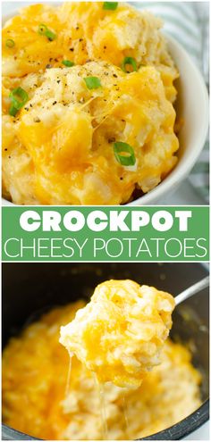 crockpot cheesy potatoes in a white bowl with the title above it