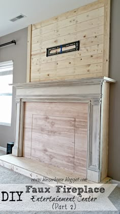 a large wooden fireplace in a room