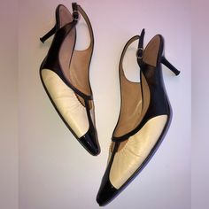 These Are A Pair Of Sexy Vintage Casadei Kitten Heel Sling Backs In Cream Leather And Black Patent Leather. Gently Used, Barely Worn. These Have Been Stored In Plastic Shoe Container. Unfortunately I Do Not Have Original Box Anymore. One Shoe Has A Small Scuff In Tip Of Shoe. One Heel Cap Is Slightly Worn And Will Need Replacement. Comes From A Smoke-Free & Pet-Free Home. Please Feel Free To Ask Any Questions! Thank You For Checking Out My Closet. Beige Slingback Pumps For Formal Occasions, Beige Fitted Slingback Pumps For Formal Occasions, Fitted Beige Slingback Pumps For Formal Occasions, Cream Fitted Slingback Pumps, Fitted Cream Slingback Pumps, Fitted Cream Slingback Pumps For Formal Occasions, Designer Beige Slingback Pumps For Formal Occasions, Luxury Cream Slingback Pumps For Party, Cream Kitten