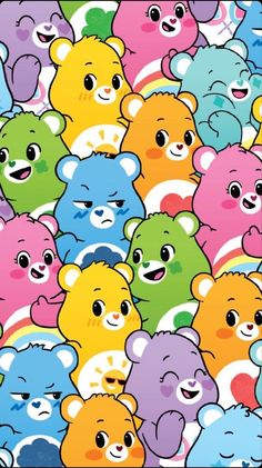 many different colored teddy bears are in the same pattern as one another, and they appear to be smiling