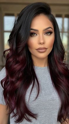 Deluxe Fall Hair Shades: Dark Mahogany Ombre 🍂 Brown Burgundy Ombre Hair, Hair Color Mahogany Brown, Ombre Maroon Hair, Dark Cherry Ombre Hair, Brunette Red Ombre Hair, Black And Mahogany Hair, Cherry Coke Hair Color Balayage, Red High Light Hair Dark Brown, Burgundy Shades Eq Formula