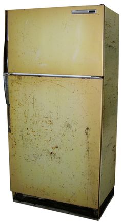 an old yellow refrigerator with rust on the front and bottom door, standing upright against a white background