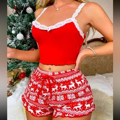 Shein Christmas Pjs Short Set Rib Knit Top Knitted Fabric Bottom Colors- Red Abs White Size- S New Never Worn Cute Sleepwear, Cute Pajama Sets, Swimsuits Outfits, Rib Knit Top, Pajamas Comfy, Christmas Pjs, Lace Cami Top, Short Pj Set, Cute Lingerie