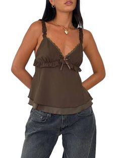 PRICES MAY VARY. Material: Women y2k cami crop top is made of polyester, comfy and soft, super flattering. Features: Mesh flowy top featuring black thin tie shoulder straps with frill neckline and centre bow detail. Size: There are 4 sizes for options, Small=(US 4-6), Medium=(US 8-10), Large=(US 12-14), X-Large=(US 16-18), please refer to the size chart in the last picture. Occasion: Suitable for daily wear, night out, party, weeding, ceremony, going out, photo shot, school, beach, streetwear, e Y2k Cami Top, Y2k Cami, Chiffon Tank Tops, Trendy Streetwear, Women Y2k, Flowy Top, Flowy Tops, Dream Clothes, Cami Top