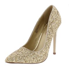 Gold Sparkles Pointes Toe Metallic Stilettos Heel A Glamorous Party Needs A Glamorous Part Shoe - Features Pointed Toe Paired With A Covered Heel - Gold Sparkles Embellished Upper - Single Sole Styling With A Metallic Heel Man Made Materials Approximate Heel Height 4 1/2 Inches Gold Party Heels With 4-inch Heel, Gold 4-inch Heels For Party, Fitted Gold Heels For Evening, Gold Heels For Prom And Party Season, Fitted Heels For Party Season Event, Glamorous Gold Heels For Night Out, Gold Holiday Evening Heels, Gold Heels With Pointed Toe For Party Season, Gold Heels For Holiday Night Out