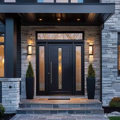 the front entrance to a modern home with stone steps and potted plants on either side