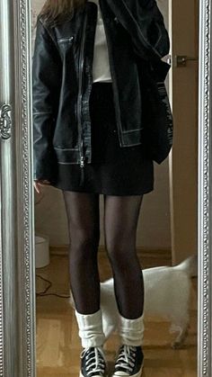 Leather Jacket Black Skirt Outfit, Thrifted Leather Jacket Outfit, Black Jacket And Skirt Outfit, Denim Jacket Outfit Ideas Women, Leather Jacket With A Dress, Mini Skirt Jacket Outfit, Skirt In Fall Outfit, Winter Outfits Black Leather Jacket, Black Leather Jacket With Skirt