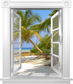 an open window overlooking the beach with palm trees