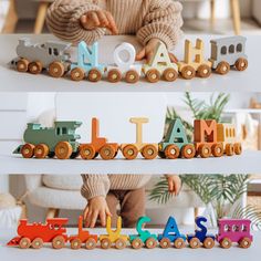 two photos of a child playing with wooden toys and letters on the same train track