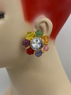 Excellent vintage condition. Clips are secure. More fabulous in person! Multicolor Jeweled Costume Jewelry Earrings, Colorful Round Beads Earrings For Party, Colorful Round Bead Earrings For Party, Multicolor Beaded Crystal Earrings For Party, Colorful Round Beads Party Earrings, Rainbow Round Earrings For Party, Multicolor Beaded Costume Jewelry Earrings, Multicolor Round Beads Crystal Earrings For Pierced Ears, Rainbow Party Earrings With Colorful Beads