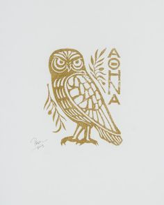 an owl is shown in gold ink on a white paper with the word aoia written below it