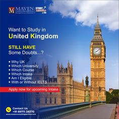 an advertisement for a study in the united kingdom, with big ben and westminster tower