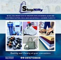 the advertisement for shopnify is displayed with many different shoes and handbags