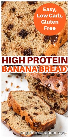 banana bread with chocolate chips on top and the words high protein banana bread above it