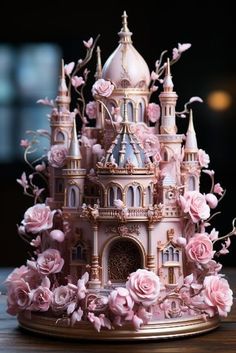 a pink castle with lots of flowers on the top and bottom floor, sitting on a wooden table