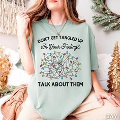 Get into the holiday spirit with our "Don't Get Tangled Up In Your Feelings" design, printed with water-based ink on a Comfort Colors tee that gets softer with every wash. It makes a great gift for any school counselor. ✨ ALSO AVAILABLE ✨ 💙 Sweatshirt: https://www.etsy.com/listing/1798446282/ ✨ SIZING ✨ Comfort Colors tees have a relaxed, boxy fit that runs true to size. For a relaxed fit, most customers prefer their regular size. For an oversized look, we recommend sizing up 2 sizes. For a t-s Tangled Up In You, Psych Nurse, School Psychologist, School Counselor, Comfort Colors Tee, Health Awareness, Mental Health Awareness, Psych, Psychologist