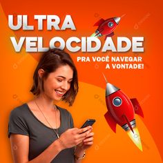 a woman looking at her cell phone with a rocket ship in the background that reads ultra velocidae