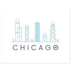 the chicago skyline in blue and black on a white background with the word chicago written across it