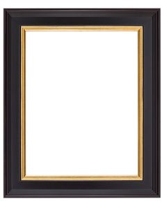 an empty black and gold frame on a white background