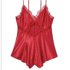 Indulge In Your Wildest Fantasies With This Stunning Victoria's Secret One-Piece Lingerie Romper. The Vibrant Red Satin Material Is Accented With Delicate Lace Details, Creating A Classic And Elegant Look. The Sleeveless Design And Adjustable V-Neckline Ensure A Comfortable And Flattering Fit For All Body Types. New With $69.95 Tag. Sleep Lingerie, Lace Playsuit, One Piece Lingerie, Satin Romper, Lingerie Catalog, Rompers Online, Victoria Secret Lingerie, Lace Romper, Stretch Satin