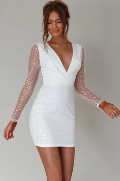 Shop the Juno Plunging Neckline Sequin Mini Dress White | Selfie Leslie Married Af, Selfie Leslie, Yellow Bridesmaids, Sequin Embellishment, Mini Dress White, Blue Bridesmaids, White Heels, Date Night Dresses, Iron Material