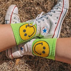 Adorable Smiley Face Tube Socks! Yellow Ribbed Socks With Large Classic Yellow And Black Smiley Faces On Each Size Of Both Socks. They Are Vibrant, Stretchy And Comfortable. Perfect To Peek Out Of High Top Converse, Roller Skates, Or Even Funk It Up And Wear Them With Strappy Sandals! Cotton One Size Fits All (Women's 5.5 -11.5) Brand New! From My Boutique! Playful Yellow Socks For Summer, Trendy Yellow Socks, Trendy Yellow Summer Socks, Trendy Yellow Winter Socks, Fun Yellow Cotton Socks, Casual Yellow Socks For Spring, Smiley Face Clothing, Smiley Face Socks, Green Smiley Face