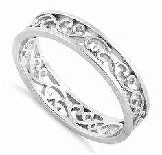 Sterling Silver Unique Band Ring Elegant Silver Engraved Stackable Ring, Classic Silver Filigree Ring With Polished Finish, Silver 14k White Gold Round Band, 14k White Gold Silver Round Band, Silver Filigree Ring With Polished Finish For Anniversary, Silver Filigree Ring With Polished Finish For Wedding, Silver Rings With Decorative Band In Classic Style, Classic Silver Rings With Decorative Band, Silver 14k White Gold Jewelry With Open Band