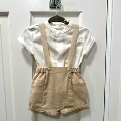 Sadly Never Got A Chance To Wear. Absolutely Adorable. Beige Playwear Sets For Summer, Summer Beige Playwear Sets, Cream Sets For Baptism In Summer, White Fitted Playwear Set, Grey Tracksuit, Velour Leggings, Dressy Shorts, Newborn Outfit, Grey Knit Sweater