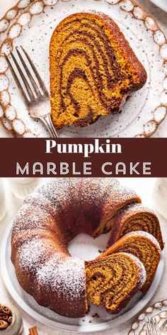 pumpkin marble cake on a white plate with fork and cinnamon swirl bundt cake in the middle