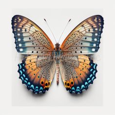 an orange and blue butterfly sitting on top of a white surface with its wings open