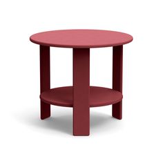 a small round table with a red plastic top and bottom shelf on an isolated white background