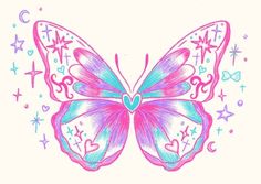 a drawing of a butterfly with stars and hearts