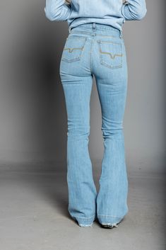 Our popular Jennifer jeans are in lighter, distressed denim. The ultra-high rise and super wide flare leg flatter all shapes and sizes, while the lighter denim updates the look without sacrificing the durability of our ring-spun denim. Fabric: 99% Cotton | 1% Spandex Fit: Ultra High Rise, Super Wide Flare Leg Details: Enzyme Washed Denim with Distressed Patches Construction: 12.5 Oz. Denim Our jeans have the longevity and durability you demand because we only source ring-spun denim. Ring-spun de Denim Ring, Cute Western Outfits, Country Fits, Western Wear Outfits, Cute Country Outfits, Western Style Outfits, Yee Haw, Future Outfit, Cute Preppy Outfits