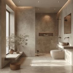 a modern bathroom with concrete walls and flooring