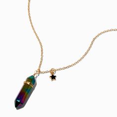 This gold-tone necklace gives off a colorful, ethereal vibe that you are sure to love. The necklace has a faux mystical gem pendant in a rainbow of beautiful jewel tones plus a small black star dangle for a celestial touch.Finish: Gold-toneLength: 16 + 3 in. extender / 40.64 + 7.62 cm. extenderClosure: Lobster claspMaterial: Plastic, Metal - Claire's Jewel Tone Mystical Gem Pendant Necklace Mystical Iridescent Pendant Necklace, Magical Iridescent Pendant Necklaces, Rainbow Spiritual Pendant Jewelry, Iridescent Magical Pendant Necklace, Magical Iridescent Pendant Necklace, Rainbow Metal Jewelry With Adjustable Chain, Iridescent Nickel-free Spiritual Necklaces, Fairycore Fashion, Gem Pendant