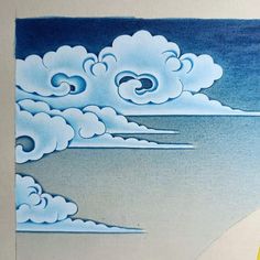 a drawing of clouds in the sky over water